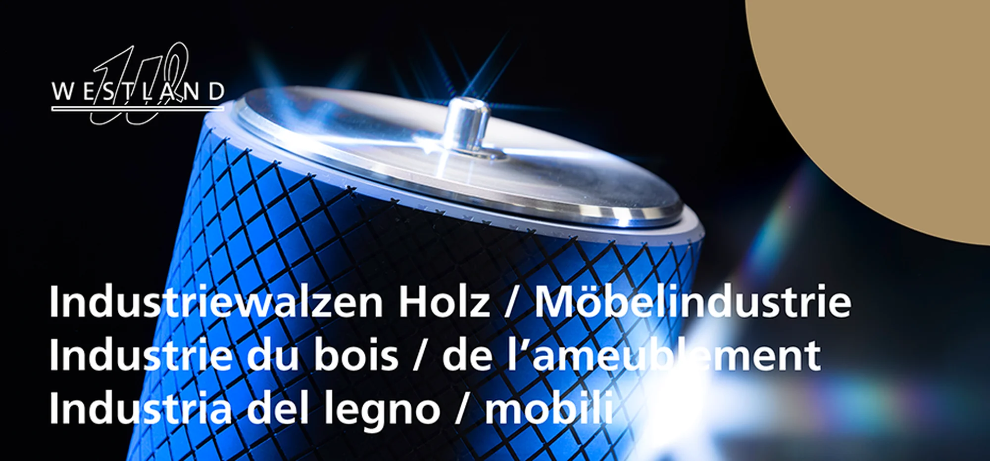 Industriewalze mit blauem Profilmuster für Holz- und Möbelindustrie vor dunklem Hintergrund