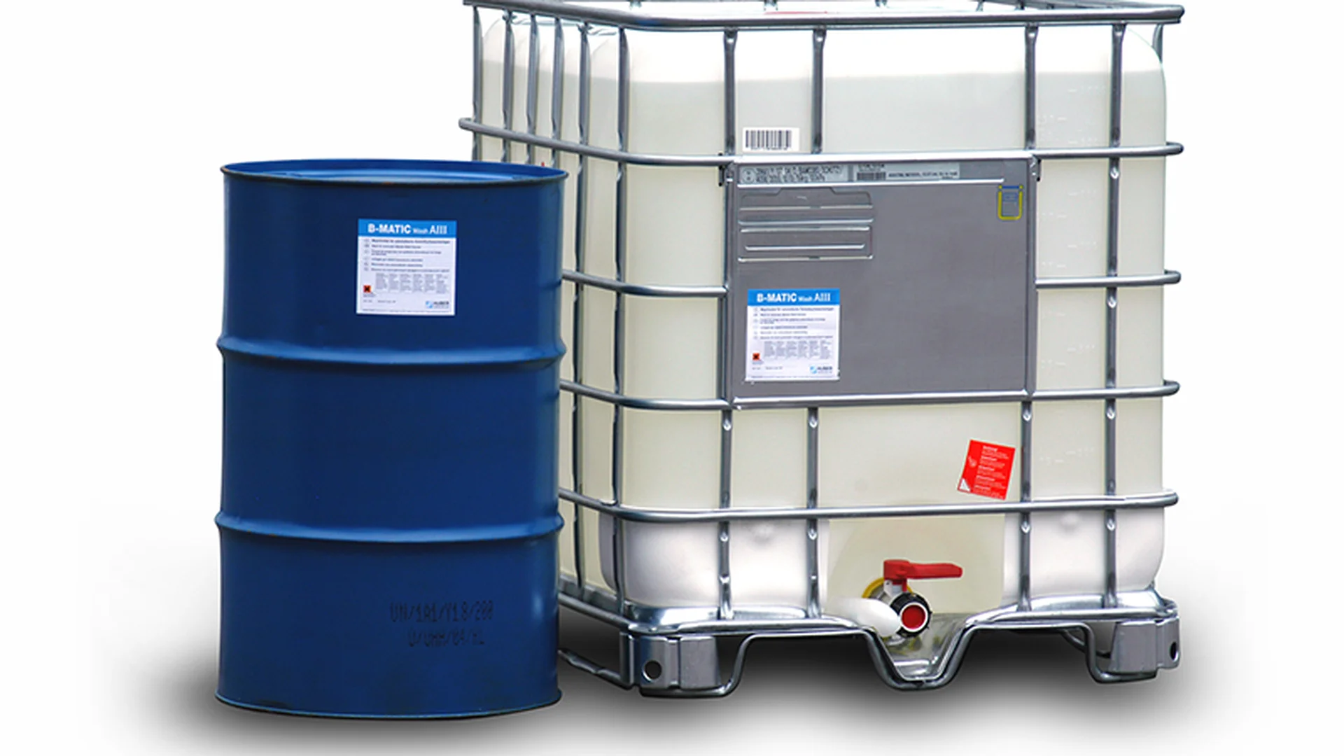 Fass und IBC‑Container mit flüssigen Druckhilfsmitteln.