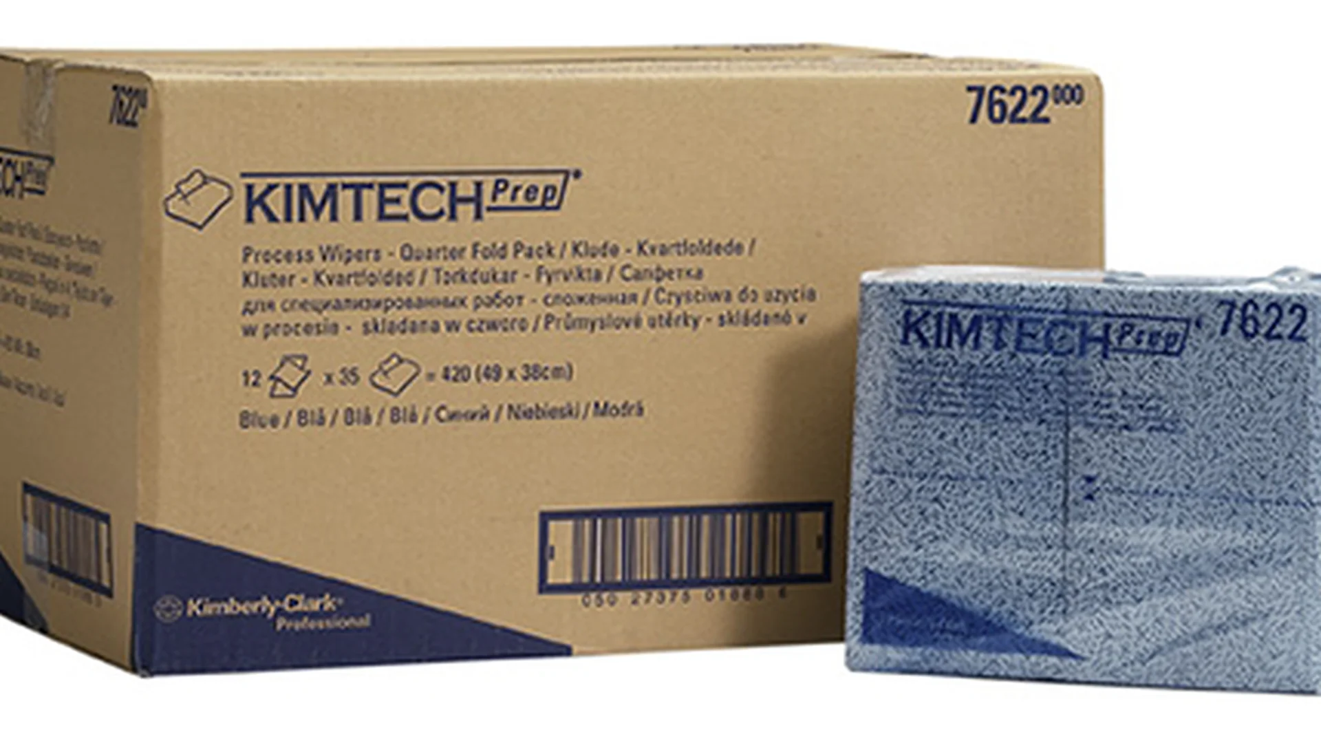 Karton und Pack Kimtech 7622 fusselfreier Prozess‑Wischtücher.