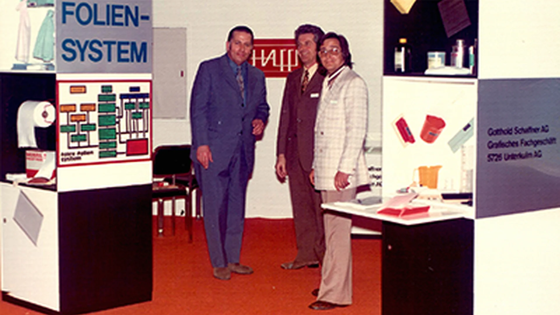 Erster Messeauftritt der Gotthold Schaffner AG im Jahr 1958, mit Gotthold Schaffner rechts im Bild.