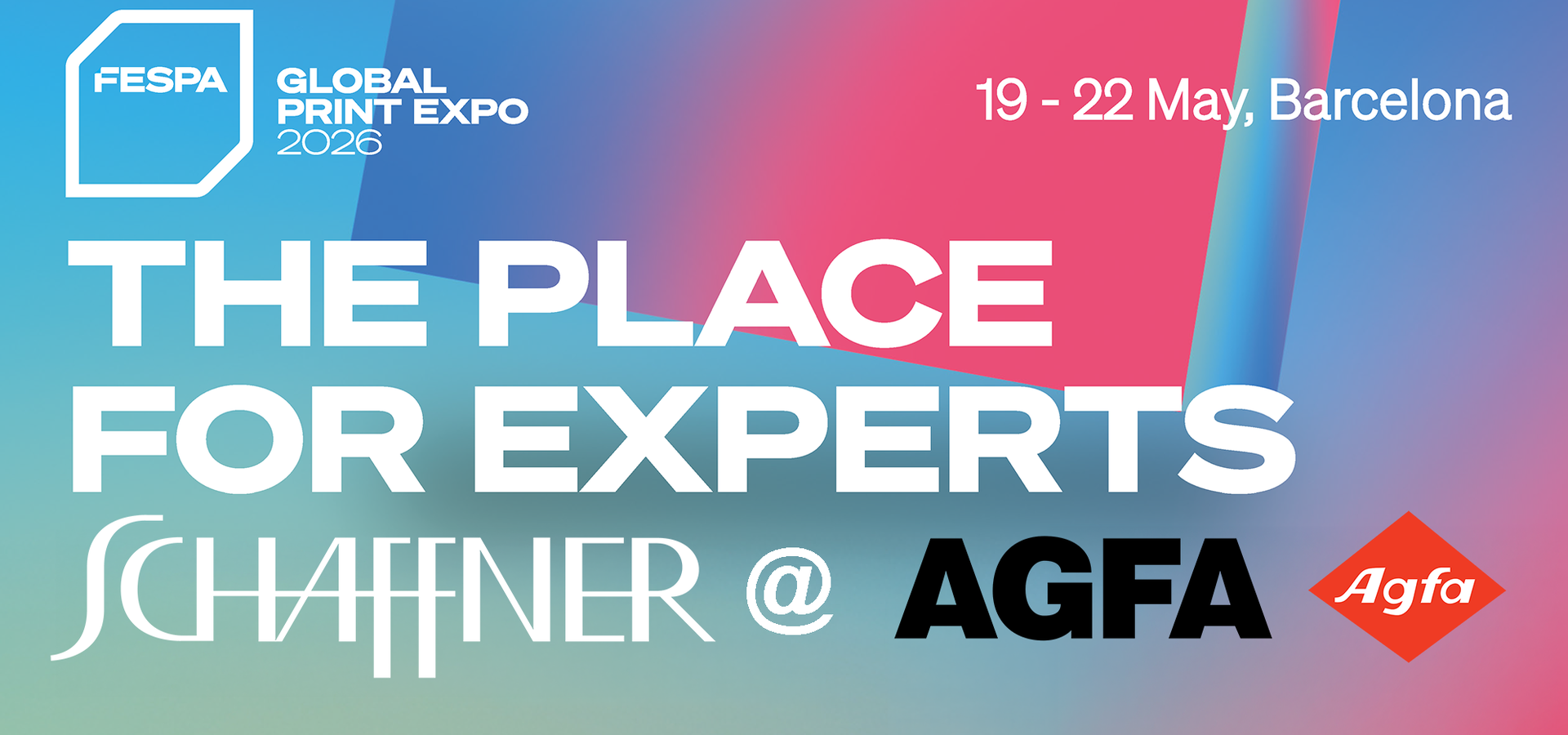 FESPA 2026 Banner mit Schaffner GF und Agfa Logos